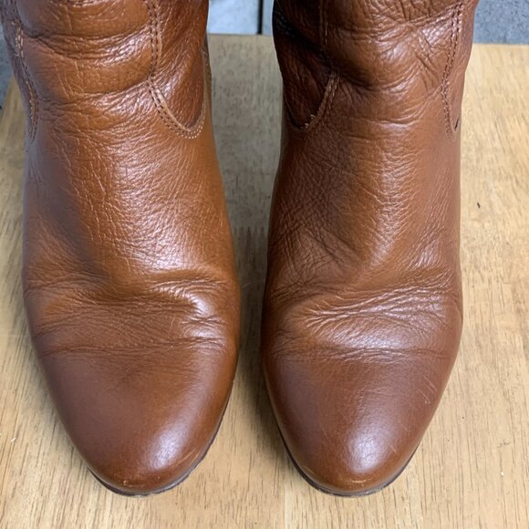 Vintage 70s Slouch Boots 38 US 7.5 Cognac Leather Retro Boho Knee High Mid Heel - Picture 5 of 15